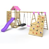 Wooden Climbing Frame with Vertical Rock Wall, Swing Set and Slide - San Luis+ Pink - Rebo